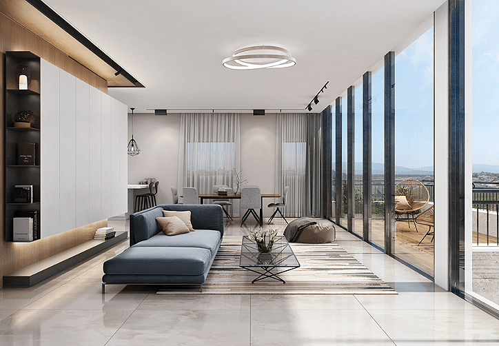 A living room with large windows and a balcony.