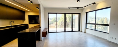 A modern apartment with a large kitchen and large windows.
