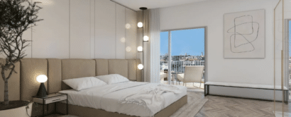 A 3d rendering of a bedroom with wooden floors and a view of the city.