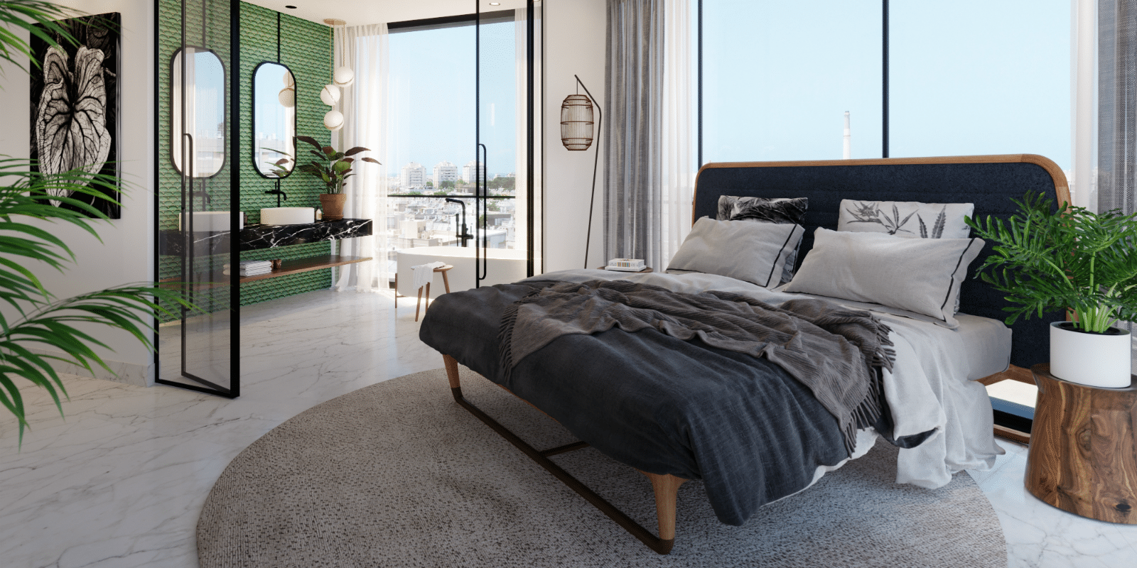 A 3d rendering of a bedroom with green walls and a view of the city.